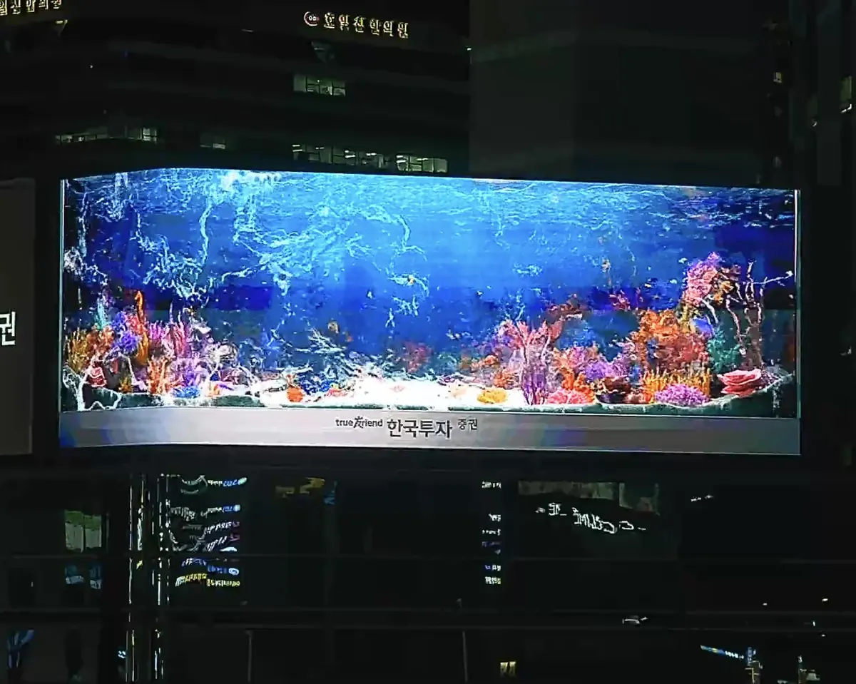 부산 서면 대로변 LED 미디어파사드 전광판 야간 점등 모습